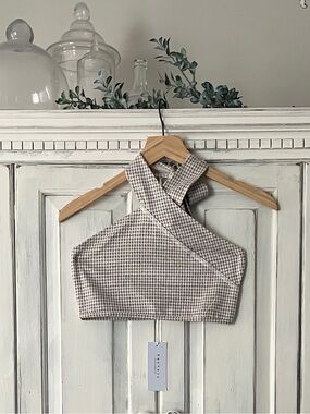 🟠NWT BAEVELY Gingham Halter Crop Top in Taupe/Ivory